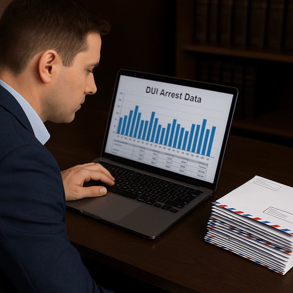 Attorney analyzing DUI arrest data on a laptop with direct mail pieces on the desk, representing lead conversion strategy for DUI cases