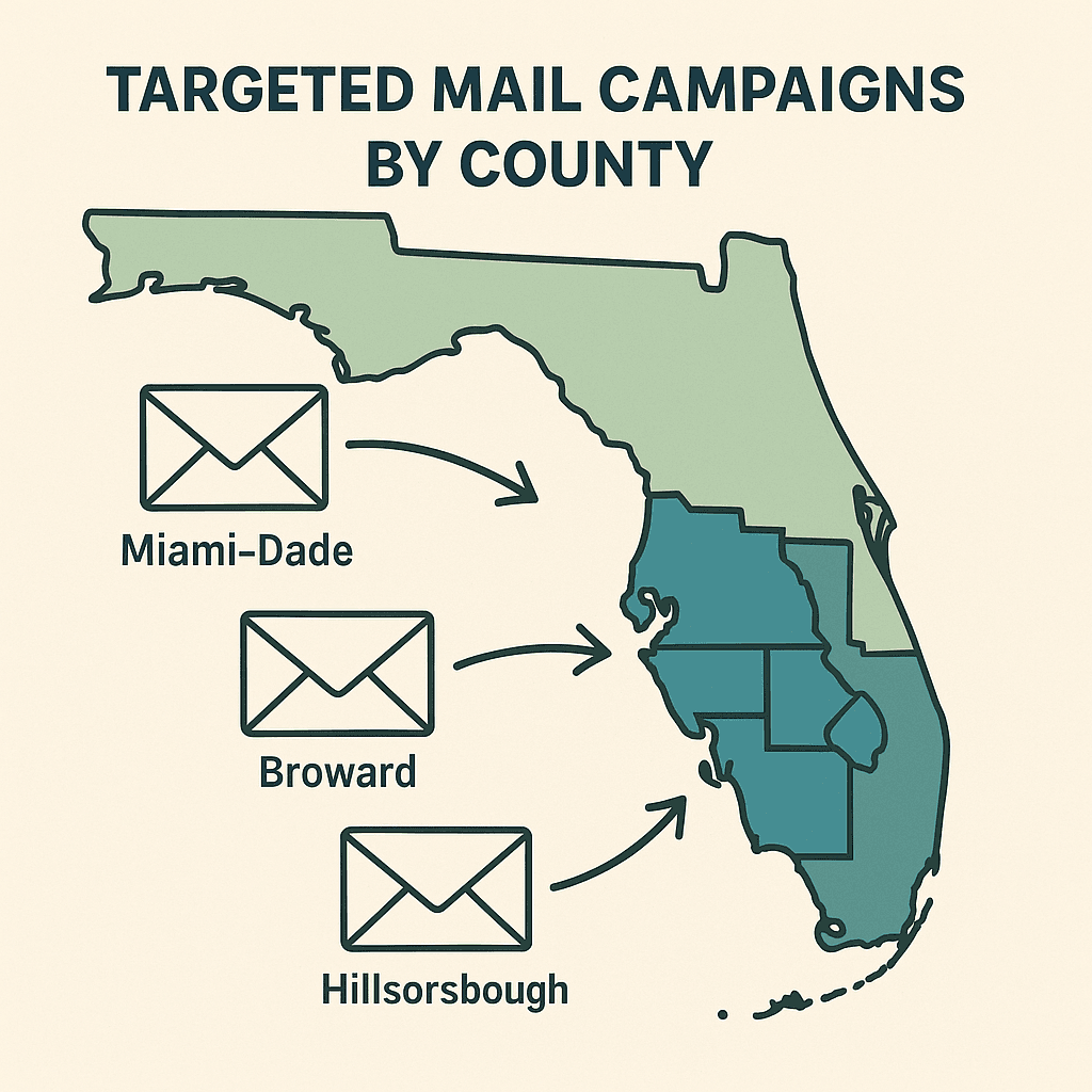 llustration of Florida highlighting Miami-Dade, Broward, and Hillsborough counties with mail icons showing targeted DUI insurance campaigns